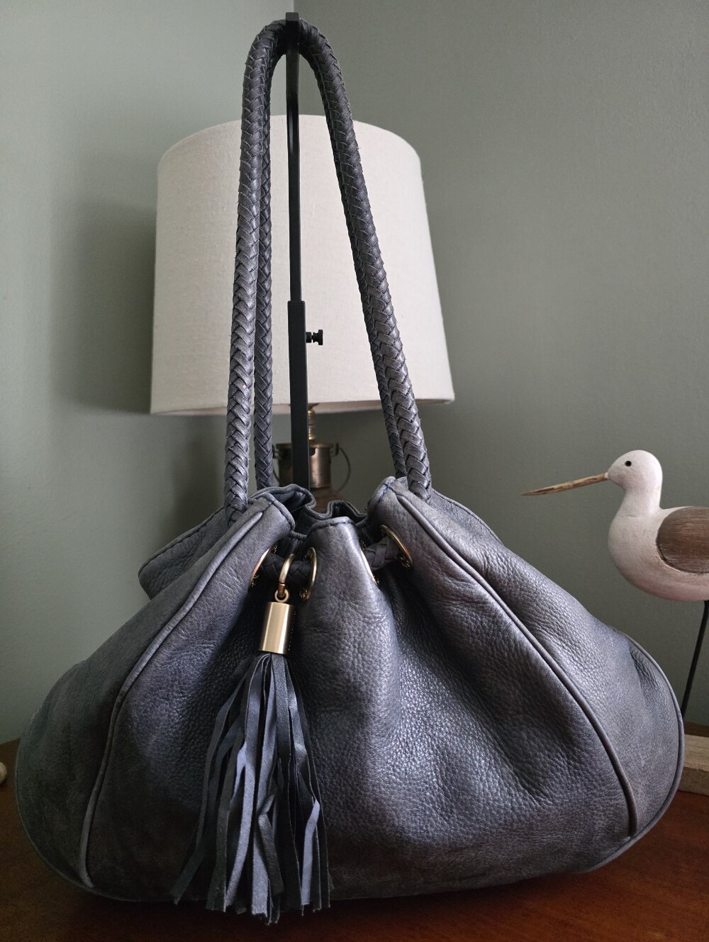 Michael Kors Braided Handle Hobo Bag Slate Blue Navy Pebbled Leather Tassel